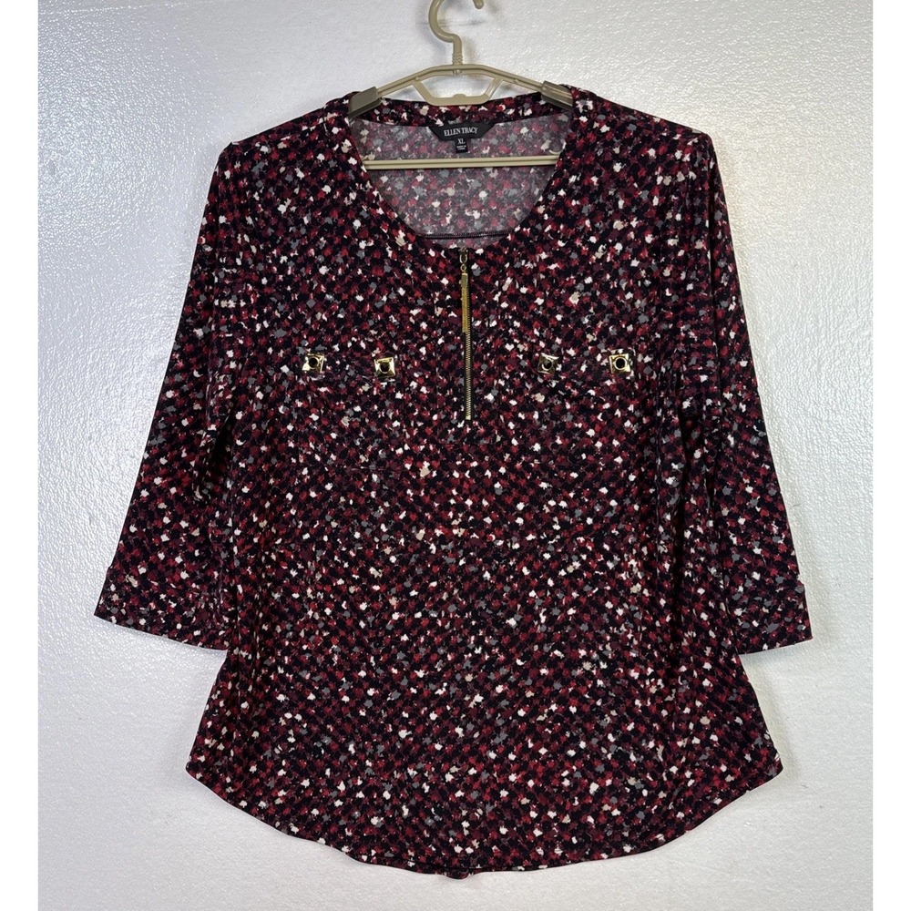 Ellen‎ Tracy Womens Blouse Shirt XL Stretch Black 3/4 Sleeve Pockets 1/4 Zip